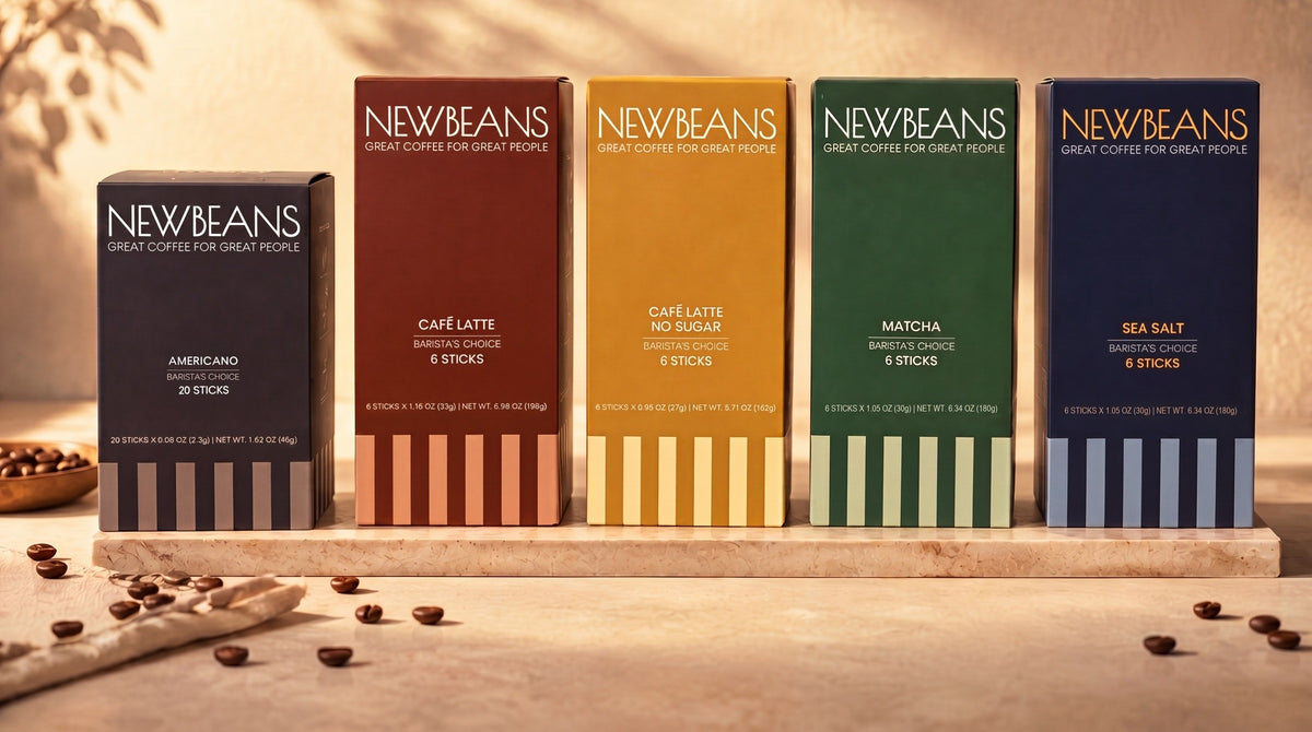 Complete Set: all five Newbeans flavors lined up on a marble board