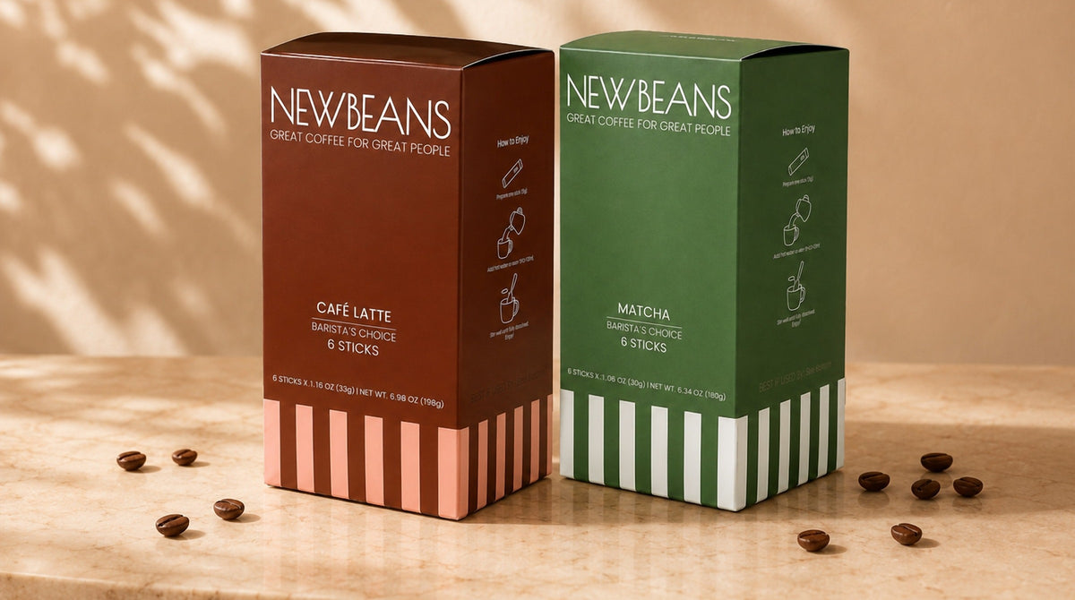 Duo Pack: Café Latte + Matcha Latte boxes on a marble counter