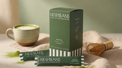 Newbeans Matcha box with matcha latte cup, sticks and bamboo whisk