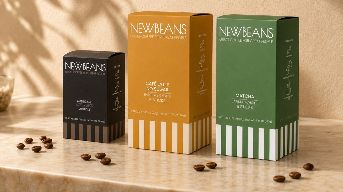 Trio Pack: Americano, No Sugar and Matcha boxes on a marble counter